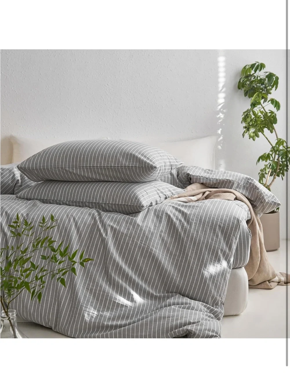 NEW MooMee Striped Duvet Cover Set 100% Washed Cotton Linen Like Texture. Grey
